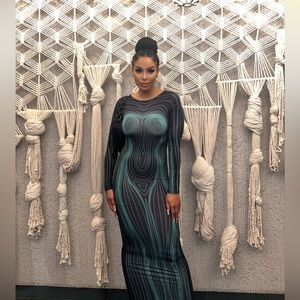 3D Body Print Backless Long Sleeve Maxi Dress